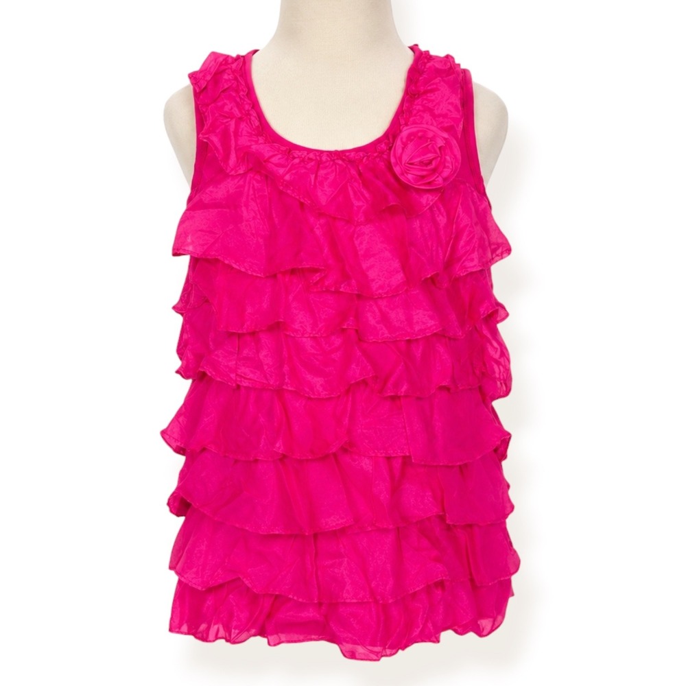 Haabaloo Girls Hot Pink Ruffle Tiered Sleeveless Top Silk Trim Size 12 USA Made